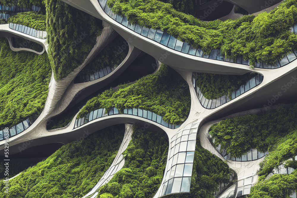 绿树成荫的美丽城市。数字艺术。世代人工智能。