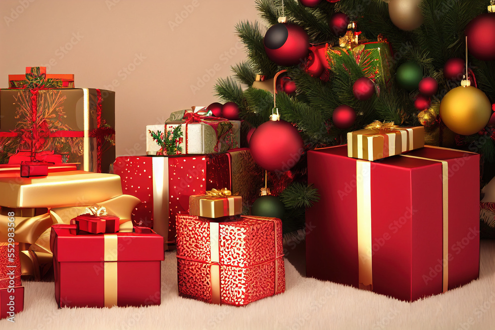 圣诞装饰与礼盒堆成壮观的圣诞树。世代AI。