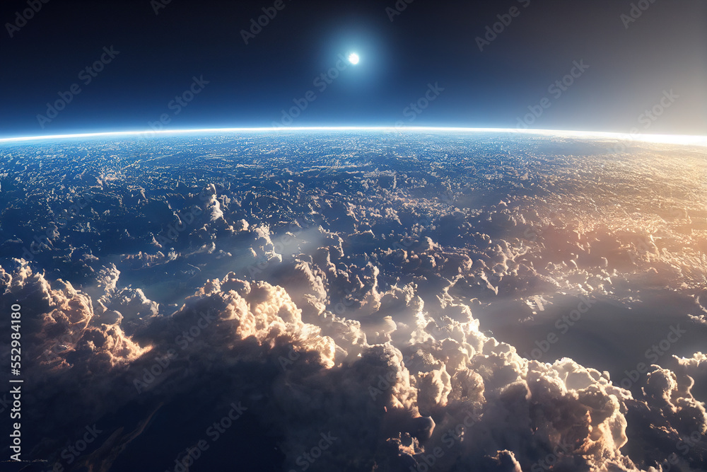 Splendid cloudscape above earths atmosphere with starry space at horizon. Generative AI. 