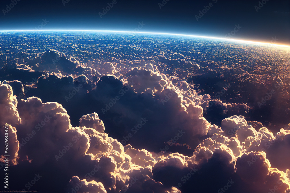 地球上空灿烂的云景，地平线上有星空。世代人工智能。