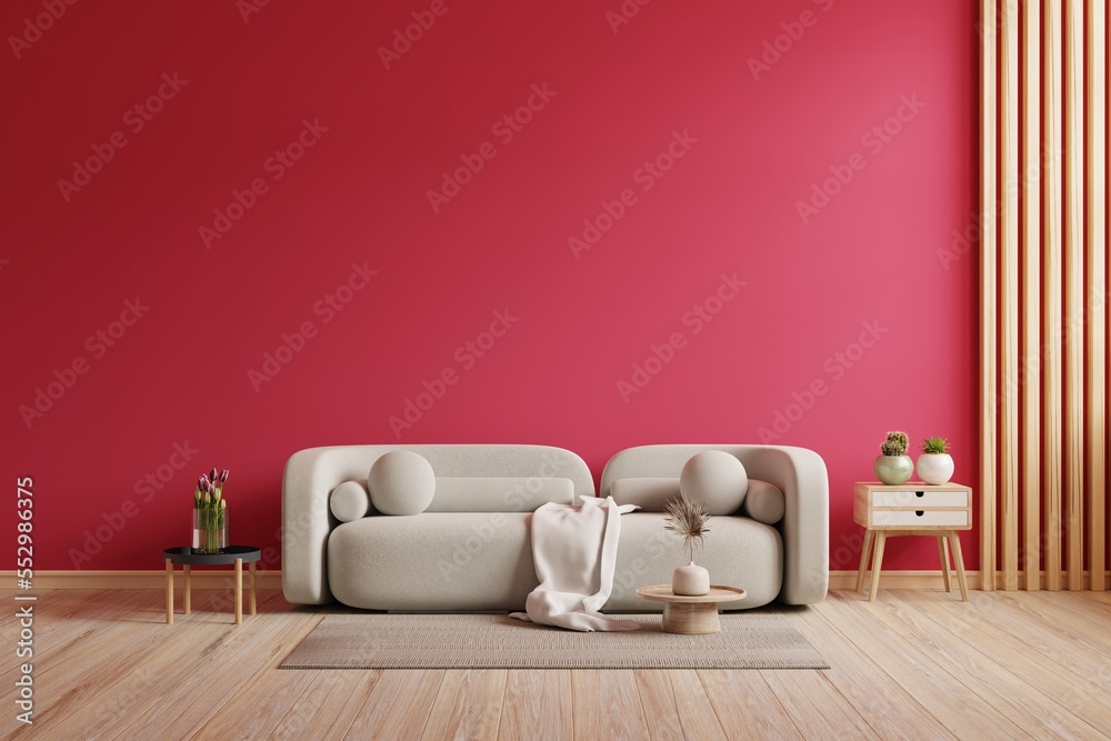 Viva品红色墙壁背景模型，配有沙发家具和装饰。