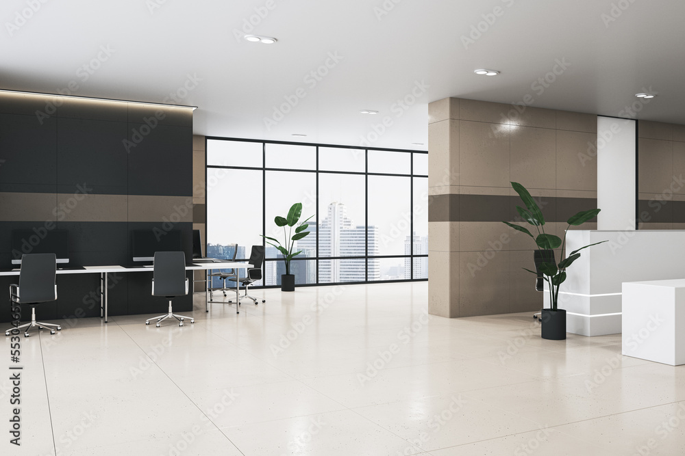 Bright office lobby interior with furniture, reception desk, window with city view and tile flooring
