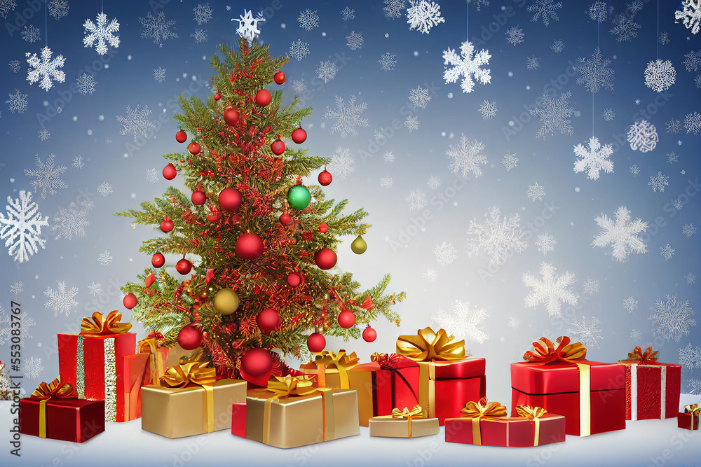 圣诞节装饰与礼盒堆成壮观的圣诞树。世代AI。