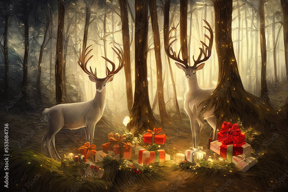 Beautiful deer and christmas festival in pine woods spectacular decoration. Generative AI. 