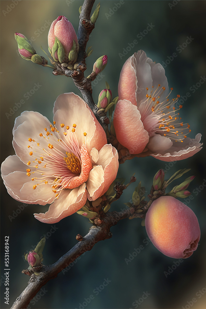 Peach Apricot blossom, flowers in bloom, close up. Generative Ai