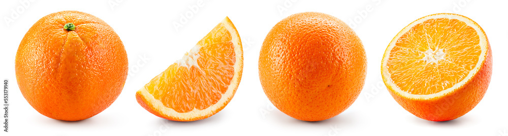 橙色隔离。橙色水果套装：白色背景上的整颗、半颗和切片。橙色系列。完整