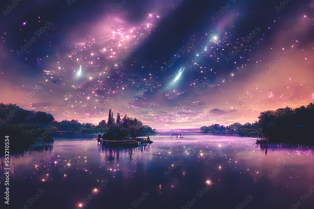 数字艺术中灿烂的星夜湖。世代人工智能。