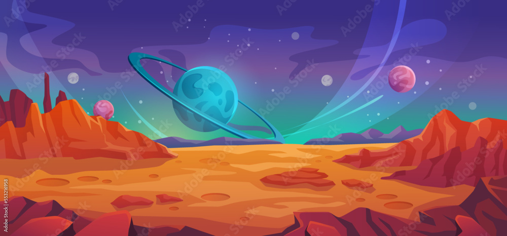 Landscape of planet Mars, sky with stars and celestial bodies. Fantasy world setting or location wit