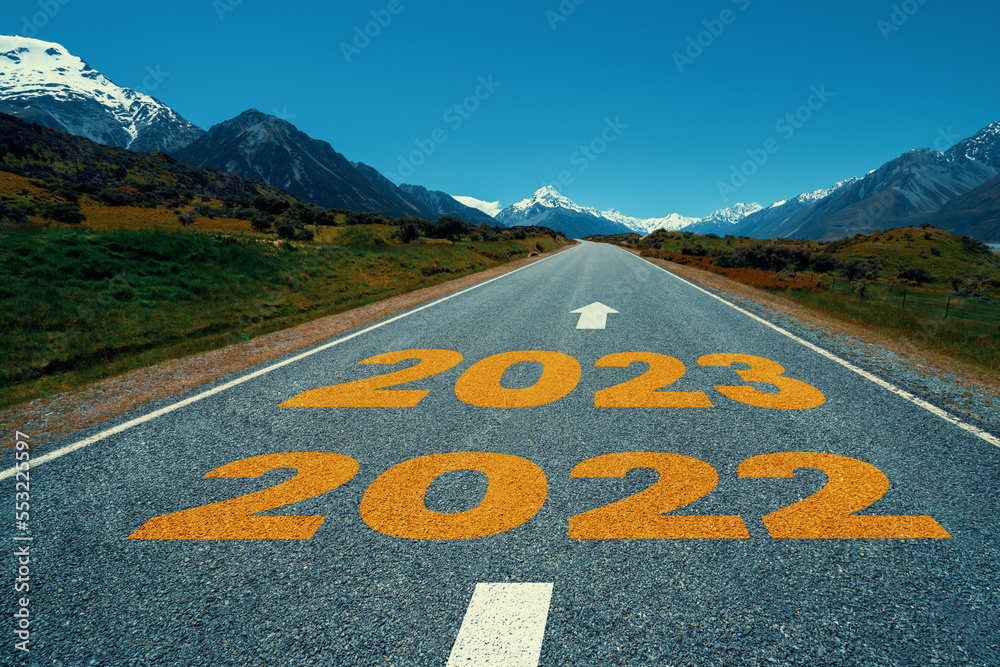 2023 New Year road trip travel and future vision concept . Nature landscape with highway road leadin