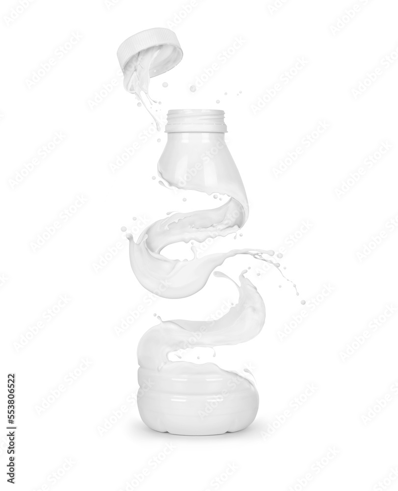 牛奶飞溅物制成的白色瓶子。白色背景上隔离的概念图像