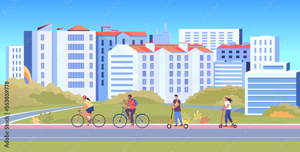 城市景观和骑滑板车和自行车的人