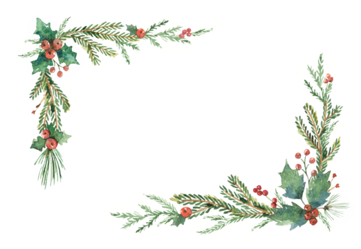 水彩圣诞节，有冷杉树枝和文字位置。插图在透明背景上隔离。