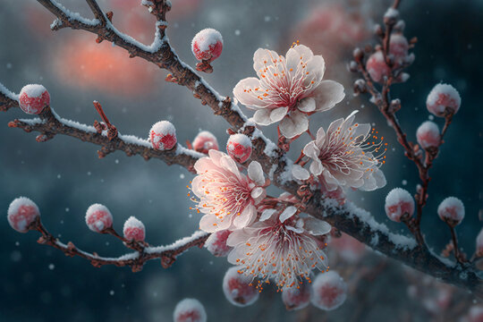 A branch of beautiful plum blossom with snow background