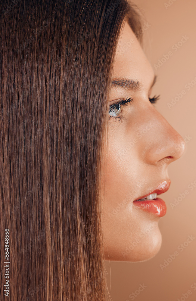 Hair, beauty and face profile of woman in studio on brown background for beauty products, makeup and