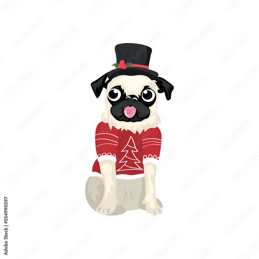 Funny pug dog in Christmas clothes on white background