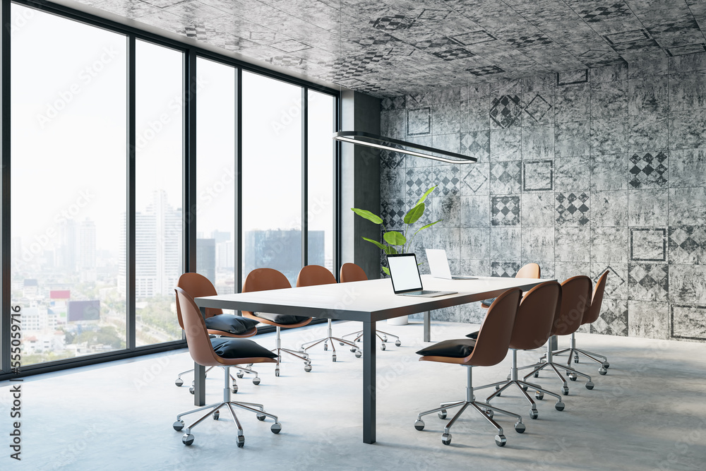 New tile conference room interior with furniture, panoramic glass window with city view. Law and leg