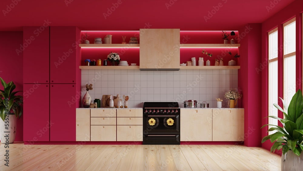 现代风格的厨房室内设计，以活泼的洋红色墙壁为背景。
