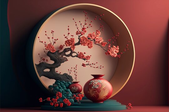 Chinese lunar new year traditional background design, red plum blossom and golden decoration the background