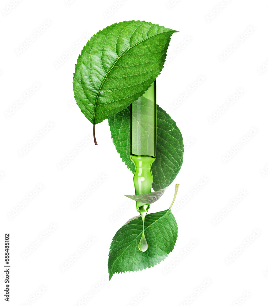 Drop drips from an ampoule with green leaves isolated on a white background