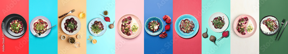Collage of delicious beetroot carpaccio on color background, top view
