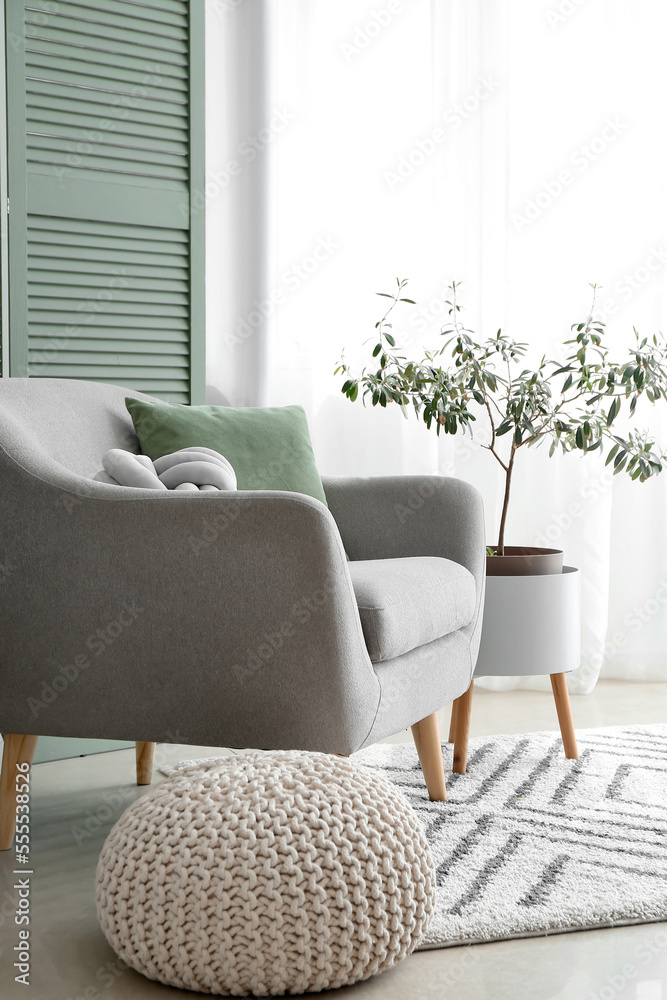 带橄榄树、扶手椅和沙发的现代客厅内部