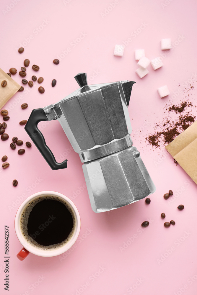 Geyser coffee maker, cup of espresso, sugar and beans on pink background
