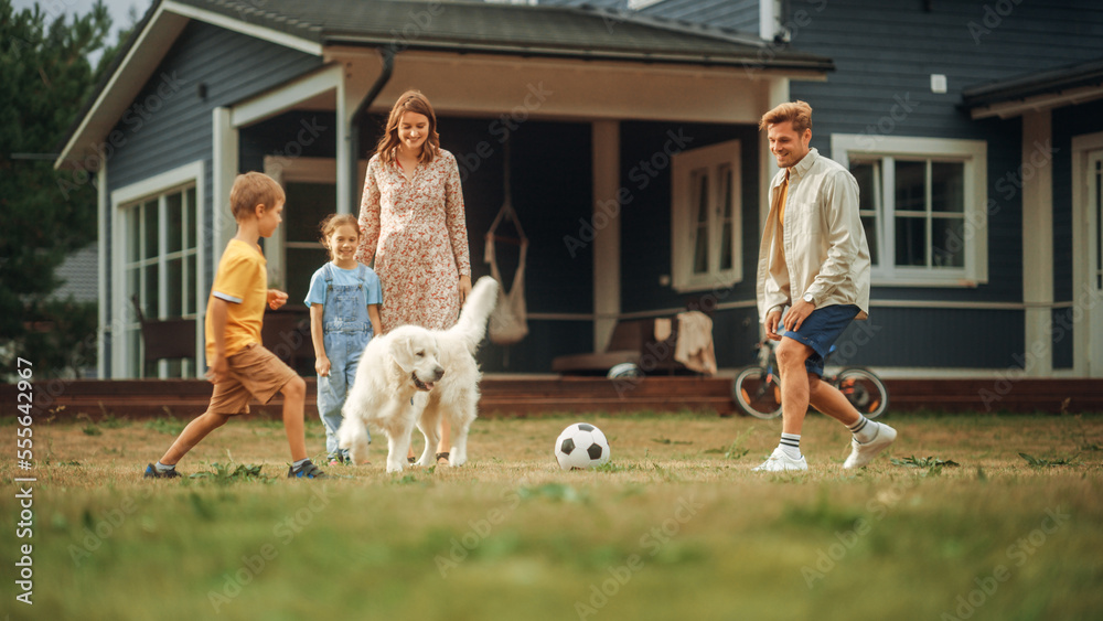 快乐的年轻夫妇，带着孩子，和精力充沛的白色金毛寻回犬一起打球。快乐的人