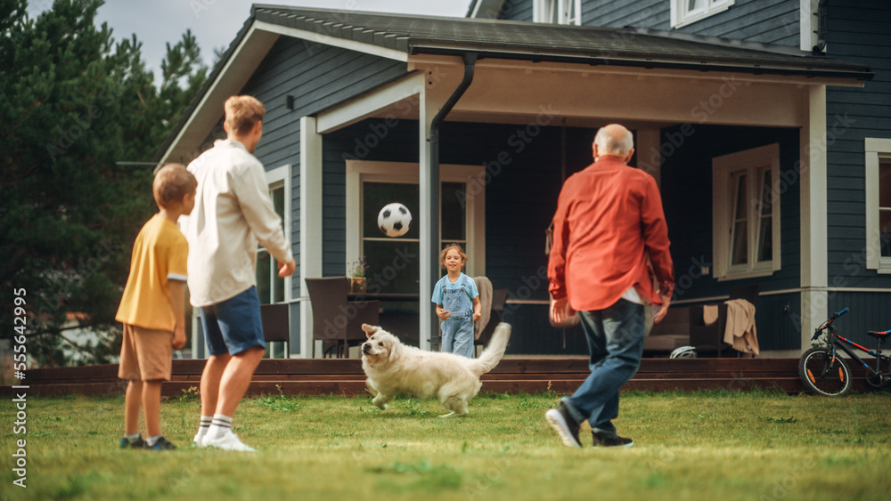 Grandfather Playing Ball with His Son and Grandchildren. Family Members Spending Leisure Time Outsid