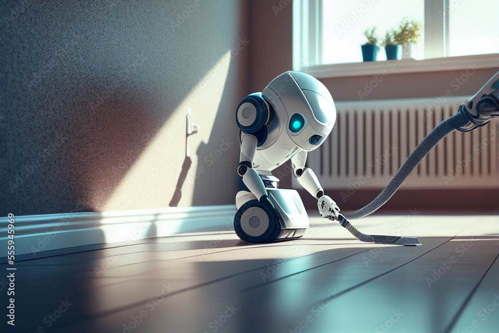 Humanoid robot with a vacuum cleaner doing domestic housework, showing science and artificial intell