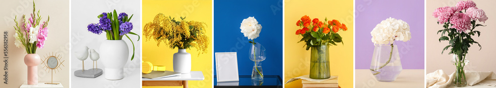 一组时尚的花瓶，桌上有美丽的鲜花，靠着彩色墙