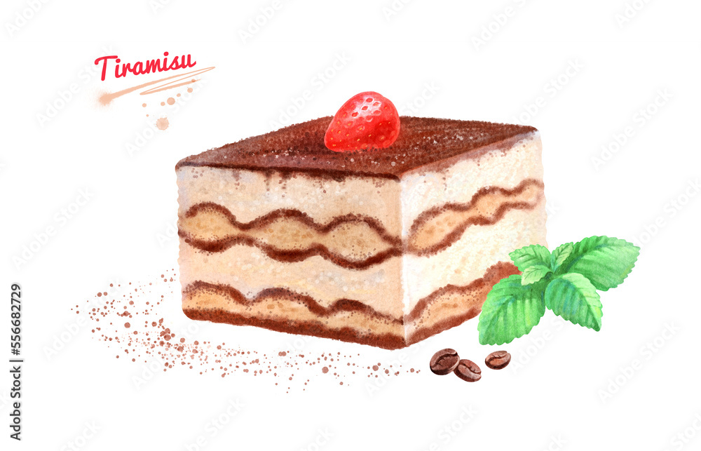 提拉米苏甜品白底手绘水彩插图