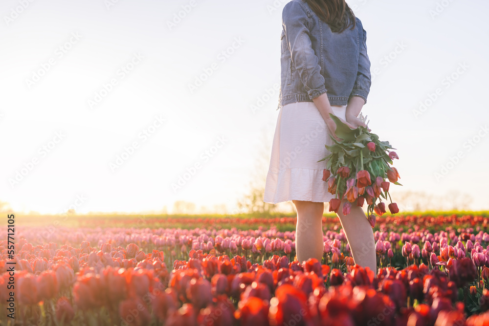 Woman with flowers bouquet on tulip field in spring.