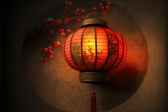 Red chinese lantern for chinese new year, with a soft candle. Made with AI