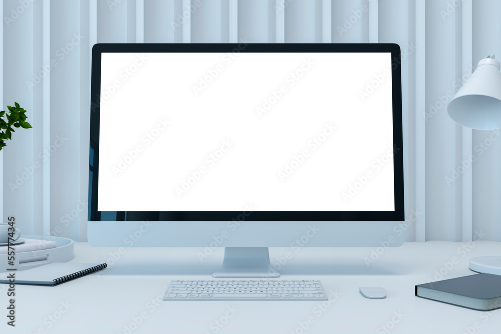 Front view on blank white modern computer monitor with place for your logo or text on light shadows 