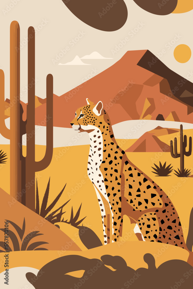 猎豹野生动物平面矢量插图背景马蒂斯海报