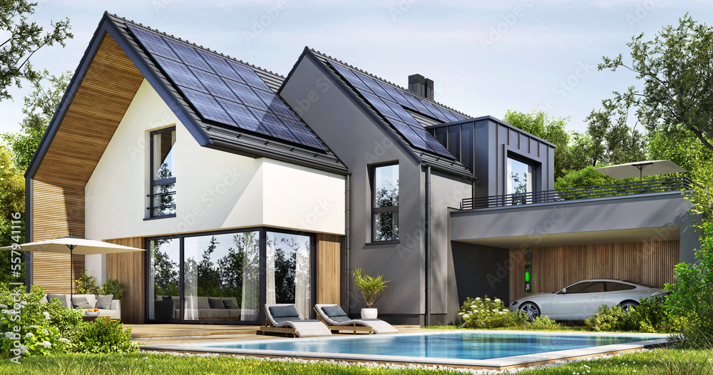 屋顶上有太阳能电池板的美丽现代房子