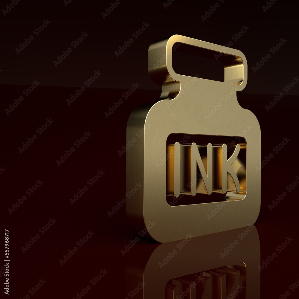 Gold Inkwell icon isolated on brown background. Minimalism concept. 3D render illustration