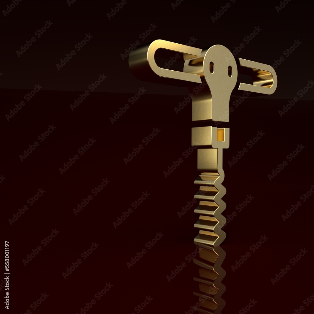 Gold Wine corkscrew icon isolated on brown background. Minimalism concept. 3D render illustration