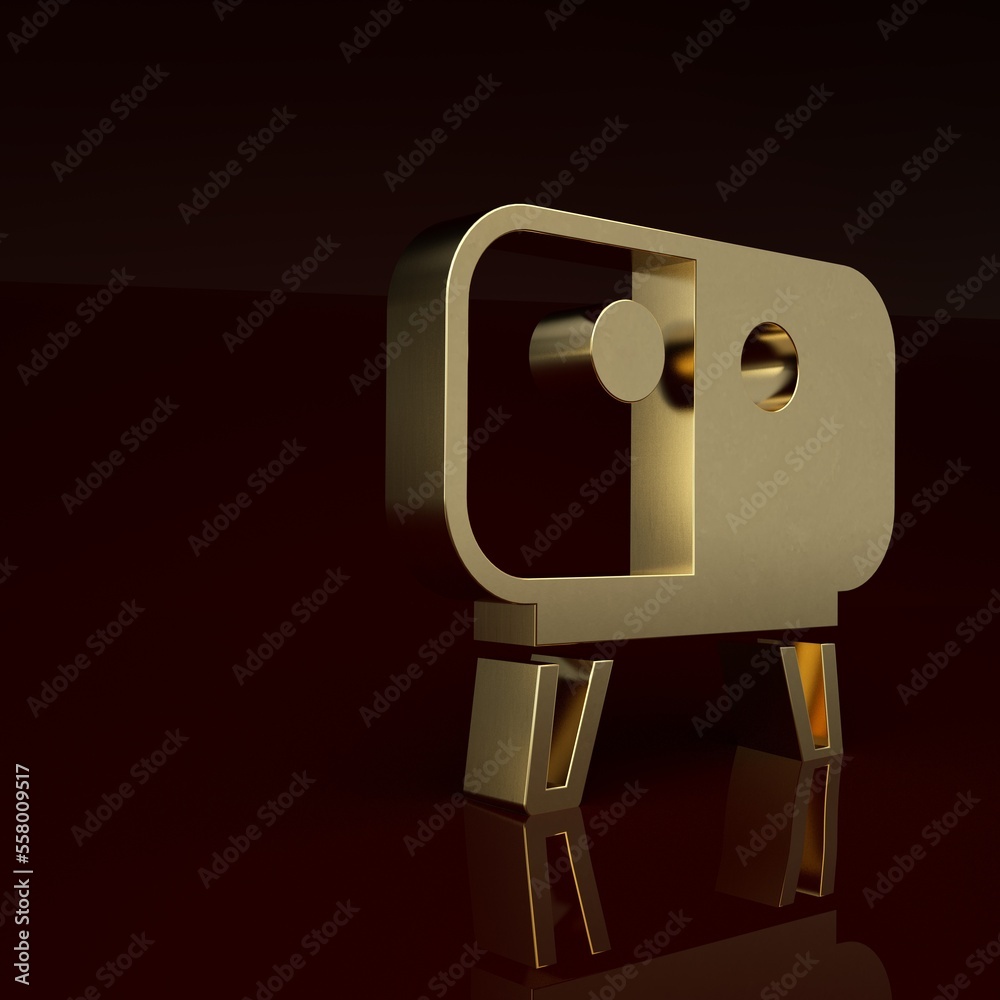 Gold TV table stand icon isolated on brown background. Minimalism concept. 3D render illustration