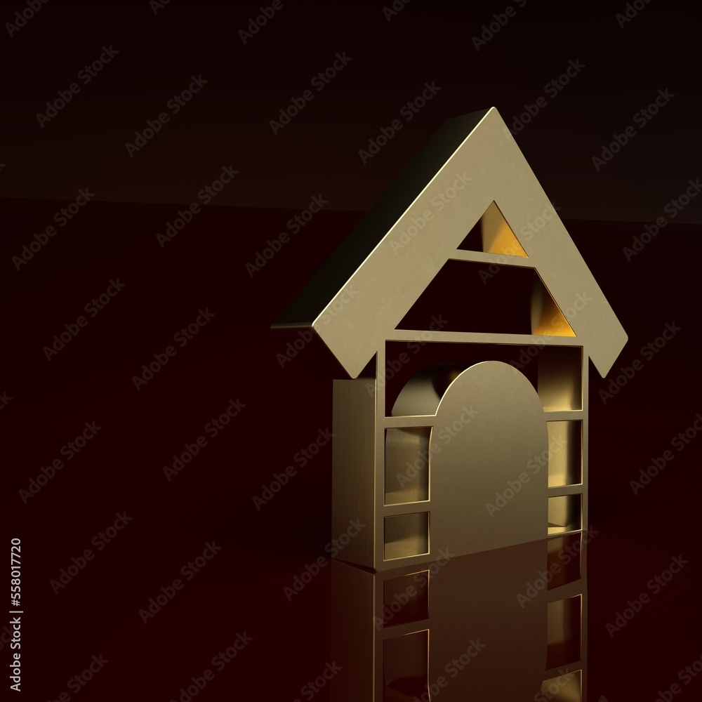 Gold Dog house icon isolated on brown background. Dog kennel. Minimalism concept. 3D render illustra