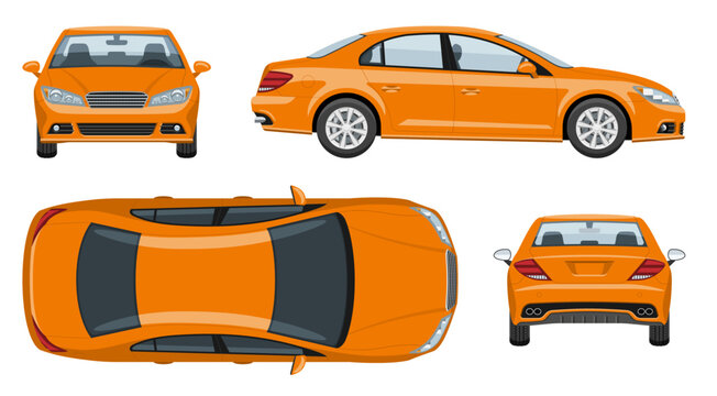 Orange car vector template with simple colors without gradients and effects. View from side, front, back, and top