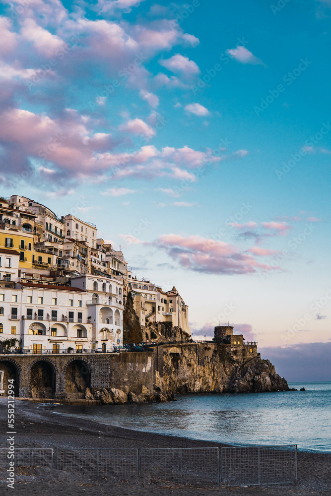 panoramic view of the town of the amalfi coast at sunset