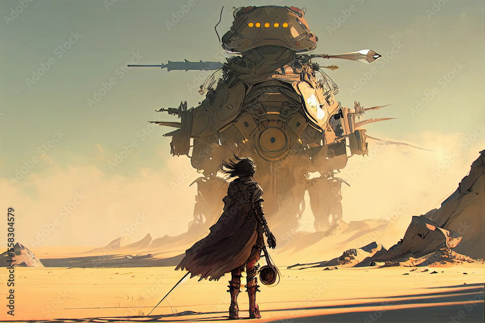 天启战士在沙漠中面对一只巨大的机械野兽，用genera制作的数字绘画风格