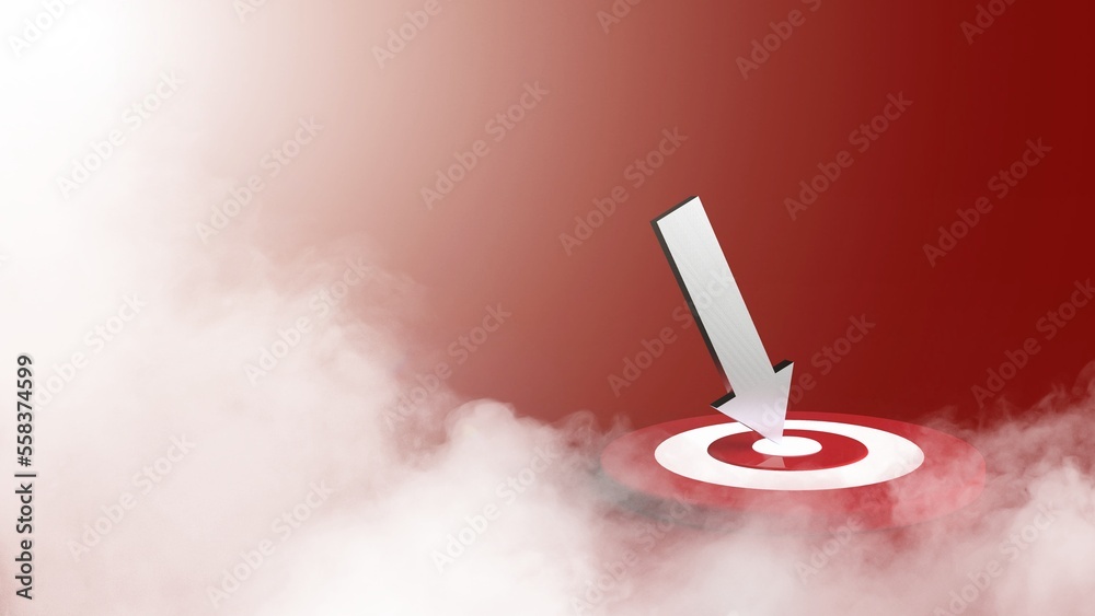 Silver  arrow hit in the target in red background. Business concept. 3D Illustration.