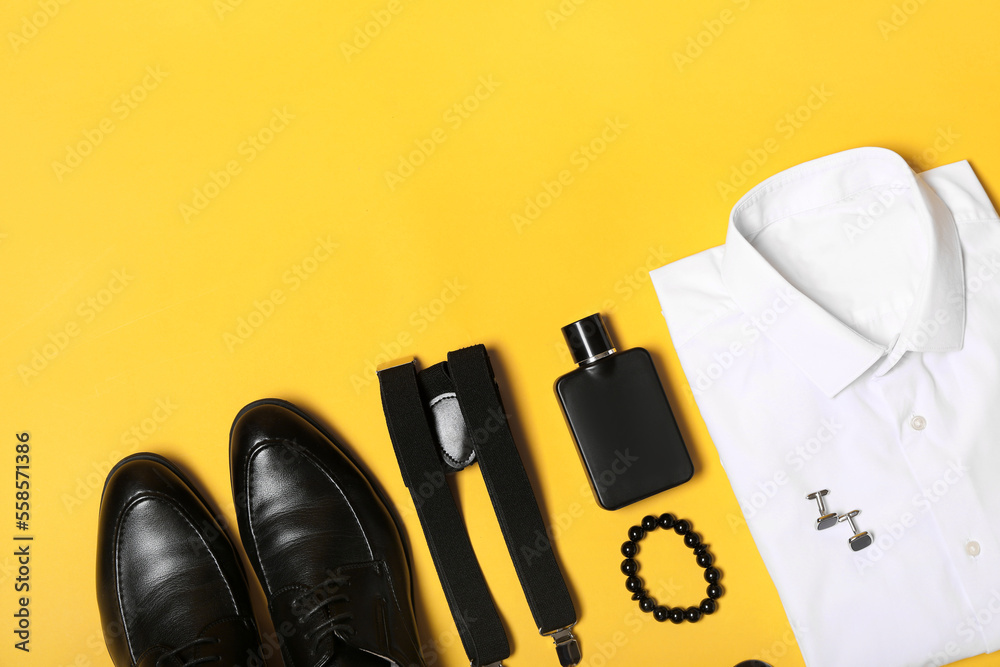 黄底白衬衫、男鞋和时尚配饰
