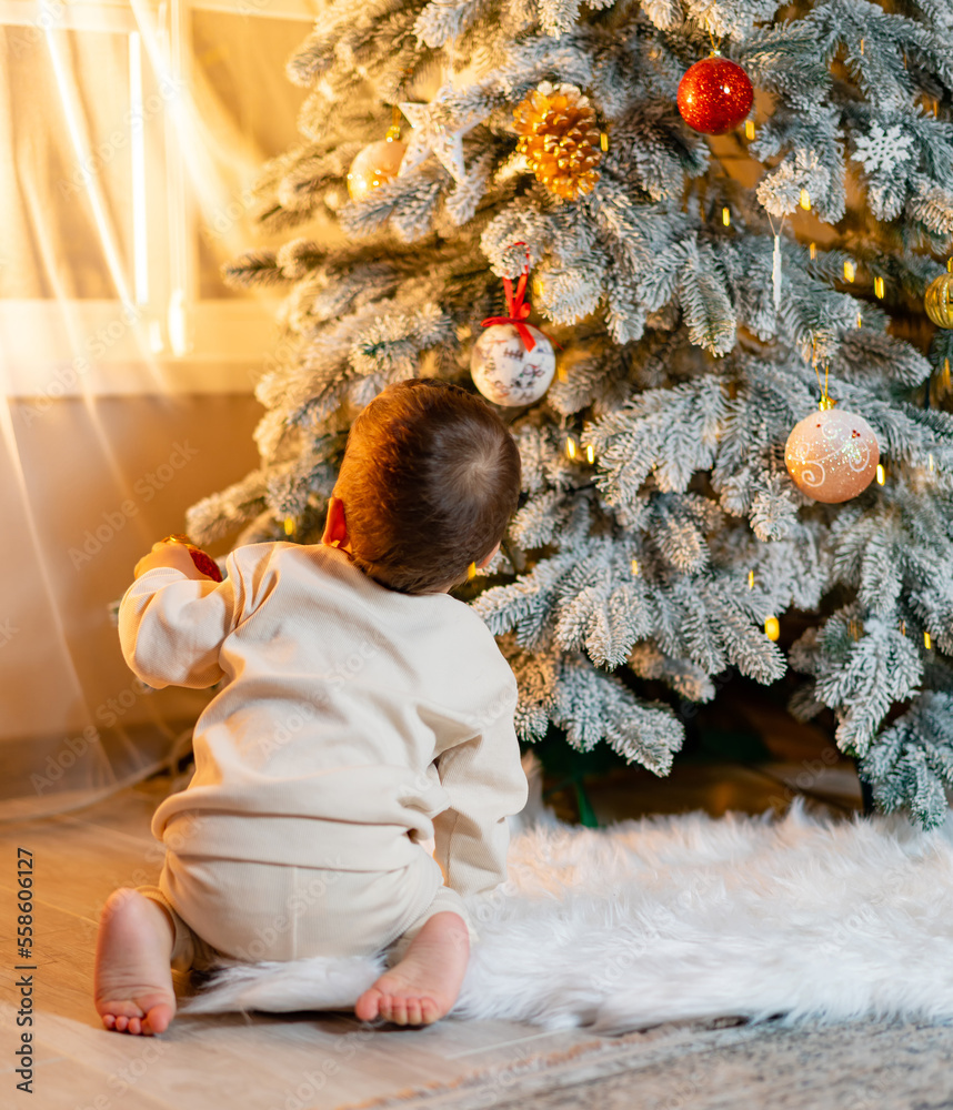圣诞夜，一个男孩背对着圣诞树坐着。小男婴cele