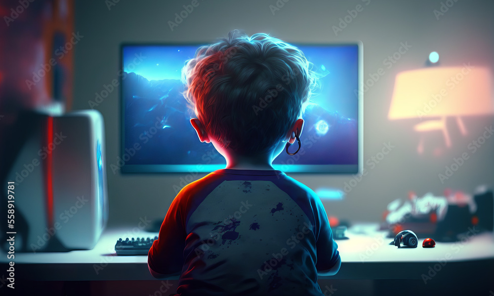 Kid playing video games in his room. Back view of a child sitting in front of a monitor. Colorful li