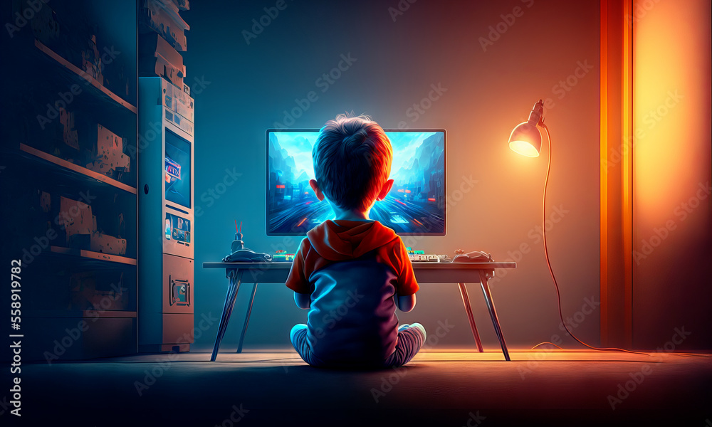 孩子在房间里玩电子游戏。一个孩子坐在监视器前的背影。五颜六色的li