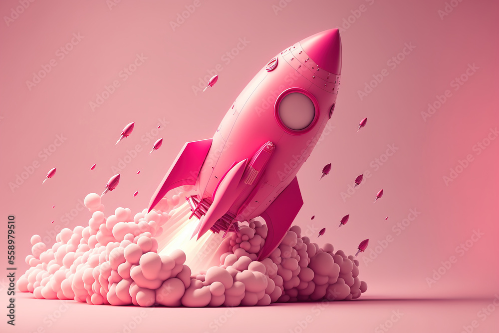 粉色背景下的3D粉色火箭发射，太空船图标，创业商业概念。3D渲染插图