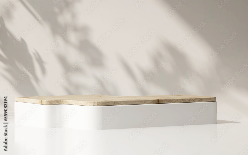 现代、最小的方形讲台托盘，木质顶部放在斑驳的阳光下光滑的白色台面上